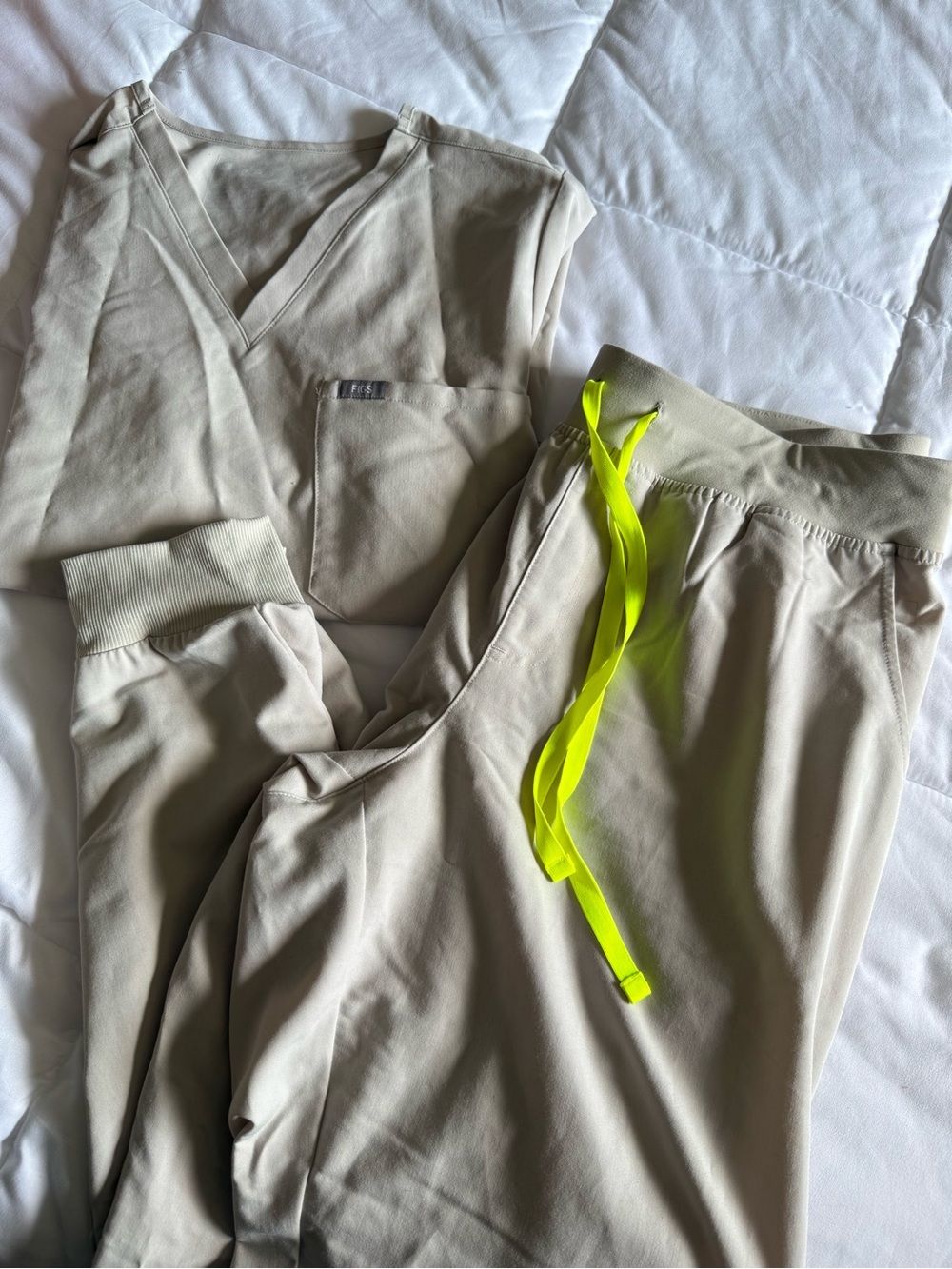 FIGS Women's Neutral Stone Jogger Set with Neon Drawstring